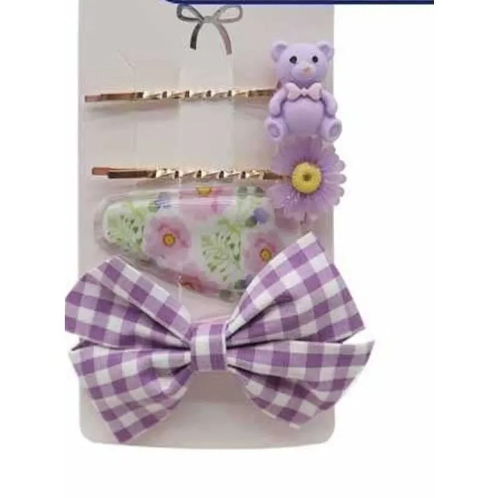 Hair pins fashion bear flower ribbon hair pin 4PC set Purple anime LA Comic